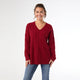 Heavenly-Luxe V Neck Cable Sweater with Rib Bottom - Redwood