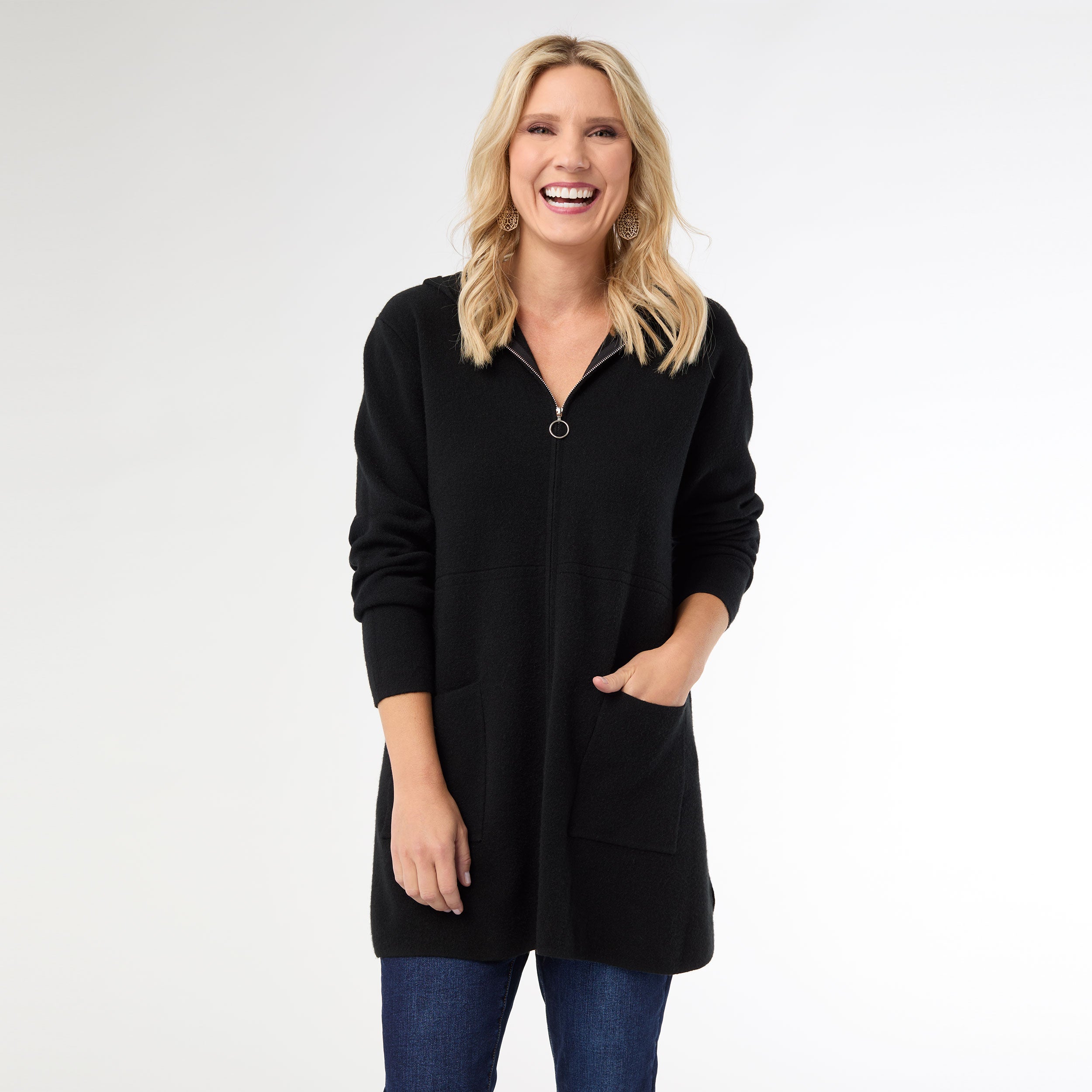 Heavenly-Luxe Zip Front Hooded Cardigan with Pockets – COCO CARMEN