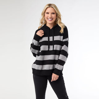 Heavenly-Luxe Stripe Pullover with Hood - Black/Light Heather Grey