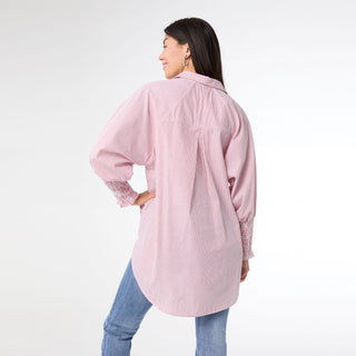 Tianna Striped Tunic Top with Cinched Sleeve - White/Burgundy