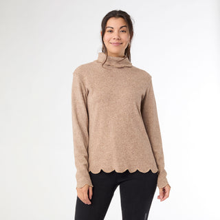 Ariana Turtleneck Top with Scalloped Trim - Beige