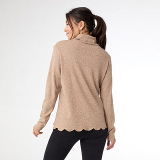 Ariana Turtleneck Top with Scalloped Trim - Beige