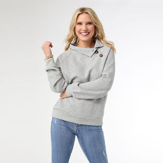 Phoenix Quilted Button Mock Neck Top - Mid Heather Grey