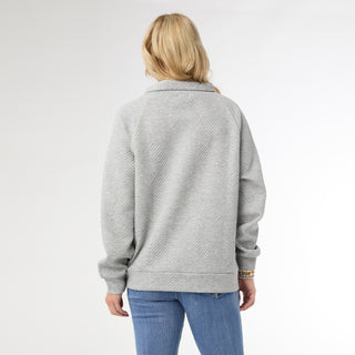 Phoenix Quilted Button Mock Neck Top - Mid Heather Grey