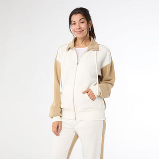 Hilarie Two-Tone Zip Front Sweatshirt - Camel/Ivory