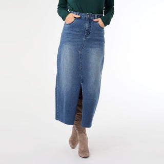 EverStretch Long Skirt with Front Slit - Dark Denim
