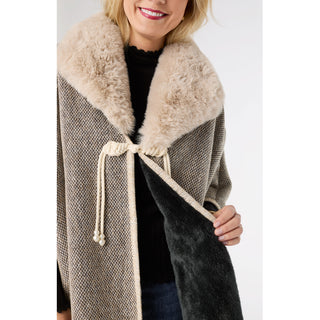Elva Knotted Pearl Wrap with Faux Fur Trim - Taupe/Black