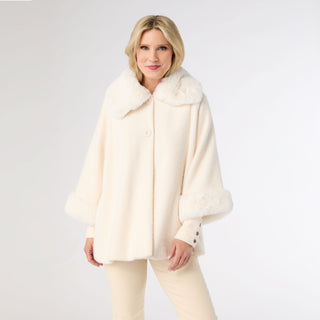 Janara 3/4 Sleeve Button Wrap with Faux Fur Trim - Winter White