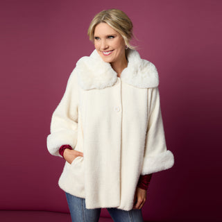 Janara 3/4 Sleeve Button Wrap with Faux Fur Trim - Winter White