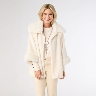 Janara 3/4 Sleeve Button Wrap with Faux Fur Trim - Winter White