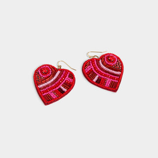 Glitz Heart Beaded Earrings - Red
