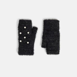 Pearl Embellished Fingerless Gloves - Black