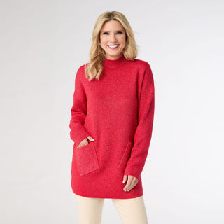 Heavenly Glitz Mock Neck Tunic Sweater with Pockets - Red/Silver
