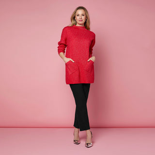 Heavenly Glitz Mock Neck Tunic Sweater with Pockets - Red/Silver