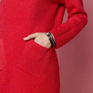 Heavenly Glitz Mock Neck Tunic Sweater with Pockets - Red/Silver