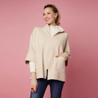 Heavenly-Luxe Rhinestone Zip Front Cardigan with Pockets - Oatmeal