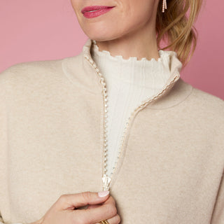 Heavenly-Luxe Rhinestone Zip Front Cardigan with Pockets - Oatmeal