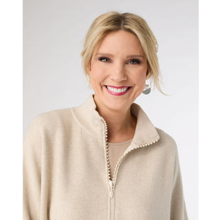 Heavenly-Luxe Rhinestone Zip Front Cardigan with Pockets - Oatmeal