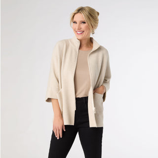Heavenly-Luxe Rhinestone Zip Front Cardigan with Pockets - Oatmeal