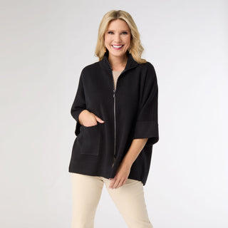 Heavenly-Luxe Rhinestone Zip Front Cardigan with Pockets - Black