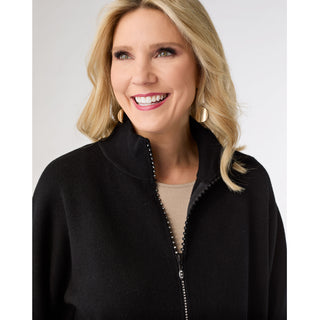 Heavenly-Luxe Rhinestone Zip Front Cardigan with Pockets - Black