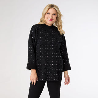 Heavenly-Luxe Mock Neck 3/4 Sleeve Rhinestone Sweater - Black