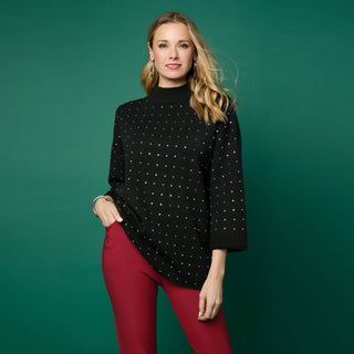 Heavenly-Luxe Mock Neck 3/4 Sleeve Rhinestone Sweater - Black