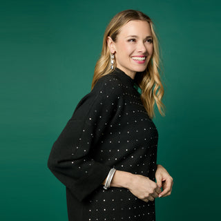 Heavenly-Luxe Mock Neck 3/4 Sleeve Rhinestone Sweater - Black