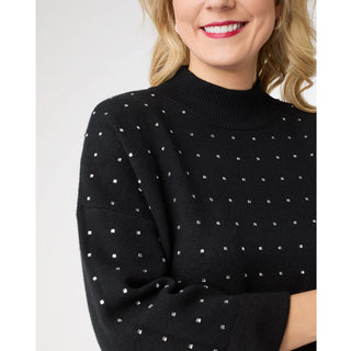 Heavenly-Luxe Mock Neck 3/4 Sleeve Rhinestone Sweater - Black