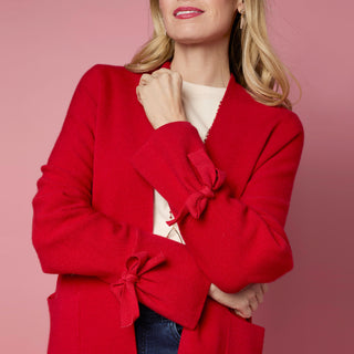 Heavenly-Luxe Bow Sleeve Cardigan with Pockets - Tango Red
