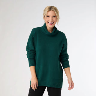 Heavenly-Luxe Cowl Neck Cable Sweater with Pockets - Empress Teal