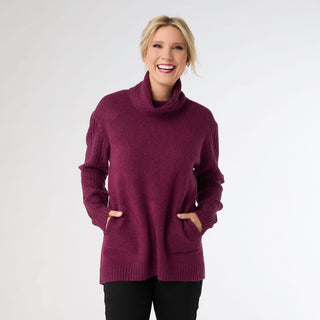 Heavenly-Luxe Cowl Neck Cable Sweater with Pockets - Boysenberry