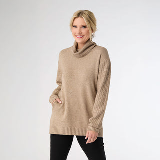 Heavenly-Luxe Cowl Neck Cable Sweater with Pockets - Beige Heather