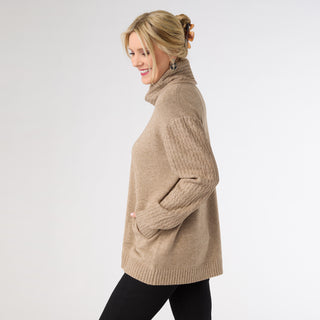 Heavenly-Luxe Cowl Neck Cable Sweater with Pockets - Beige Heather