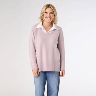 Heavenly-Luxe Crew Neck Sweater with Woven Collar - Blush Lavender