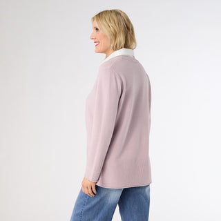Heavenly-Luxe Crew Neck Sweater with Woven Collar - Blush Lavender