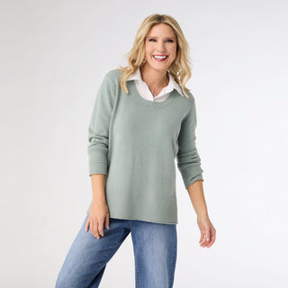 Heavenly-Luxe Crew Neck Sweater with Woven Collar - Sage Wisdom