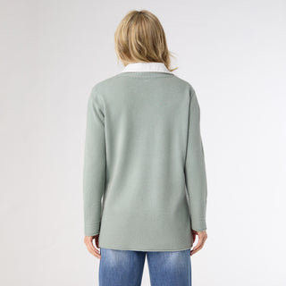 Heavenly-Luxe Crew Neck Sweater with Woven Collar - Sage Wisdom