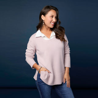 Heavenly-Luxe Crew Neck Sweater with Woven Collar - Sage Wisdom