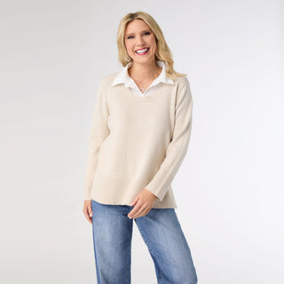 Heavenly-Luxe Crew Neck Sweater with Woven Collar - Oatmeal