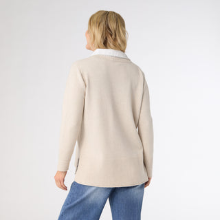 Heavenly-Luxe Crew Neck Sweater with Woven Collar - Oatmeal