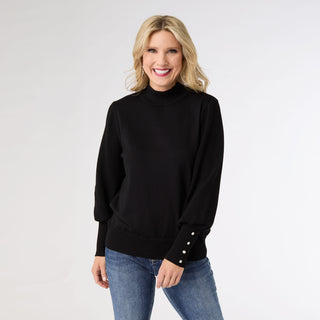 Skylah Mock Neck Sweater with Pearl Button Cuff - Black