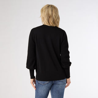 Skylah Mock Neck Sweater with Pearl Button Cuff - Black