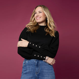 Skylah Mock Neck Sweater with Pearl Button Cuff - Black