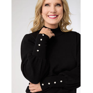 Skylah Mock Neck Sweater with Pearl Button Cuff - Black