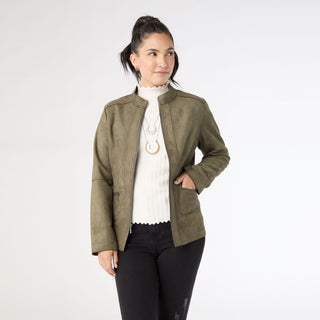 Raellyn Faux Suede Zip Front Jacket - Olive
