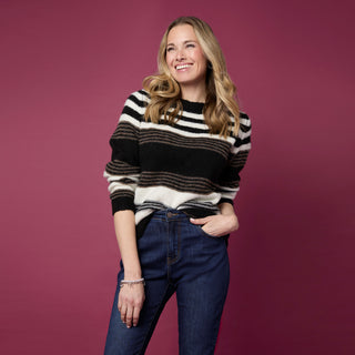 Kaelynn Brushed Crew Neck Sweater - Black Stripe
