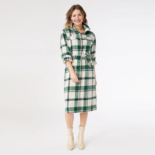 Shelley Plaid Shacket Dress with Belt - Ivory/Green/Navy Plaid