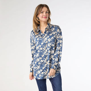 Avyanna Silky Printed Button-Up Top - Navy/Ivory