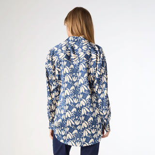 Avyanna Silky Printed Button-Up Top - Navy/Ivory